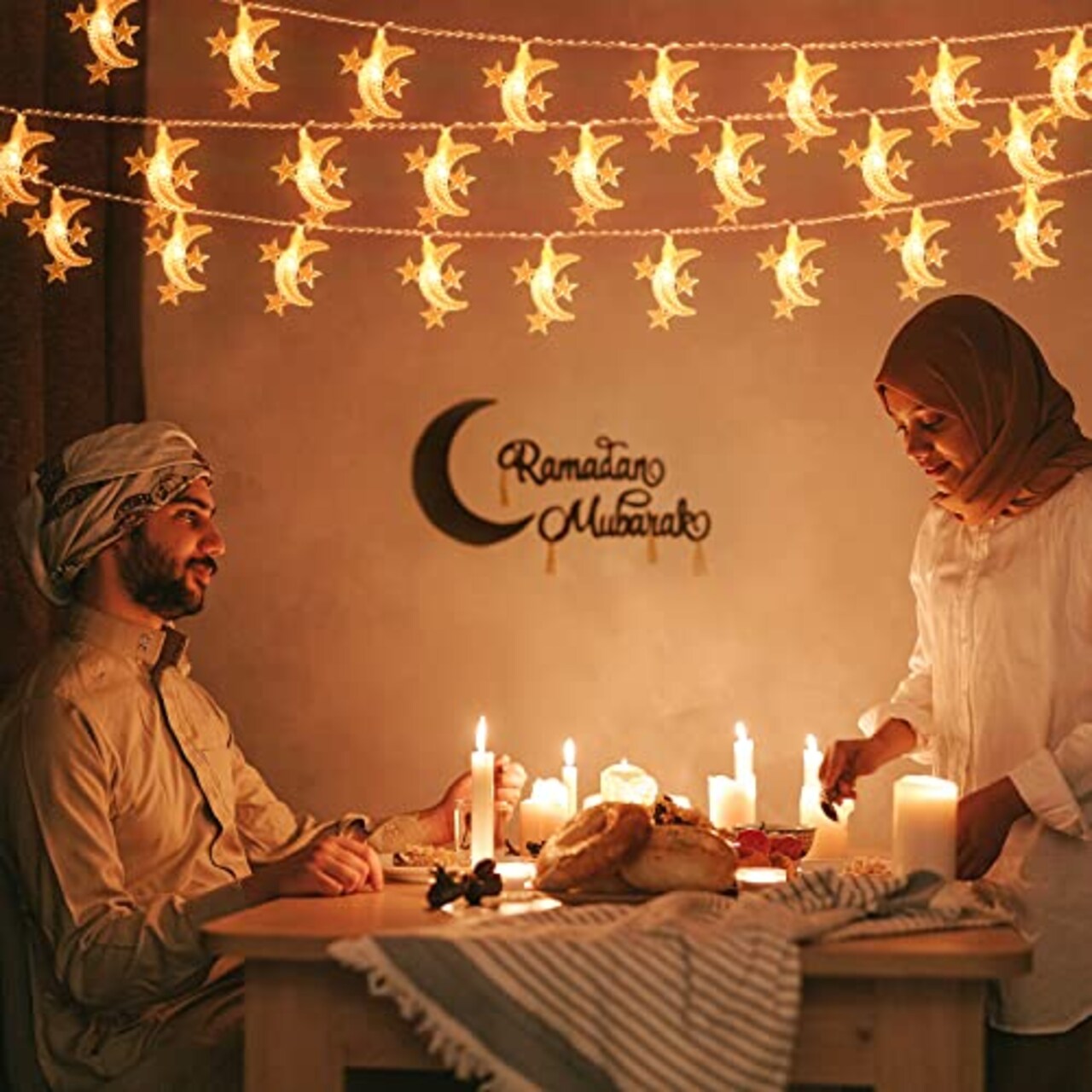 20ft 40 LED Moon & Star Fairy Lights - Warm White String Lights, Battery & USB Powered, 2 Modes, for Kids' Rooms, Gardens, Camping, Balcony, Holidays, Parties, Weddings, Gifts, Home Decor